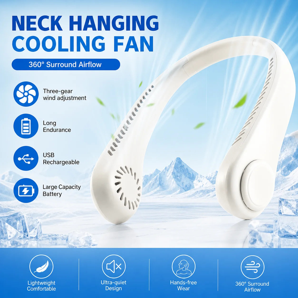 Portable Bladeless Neck Fan - Rechargeable Hands-Free Air Cooler