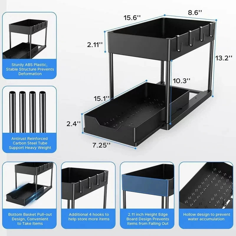2-Tier Under Sink Organizer - Sliding Cabinet Storage Basket with Hooks