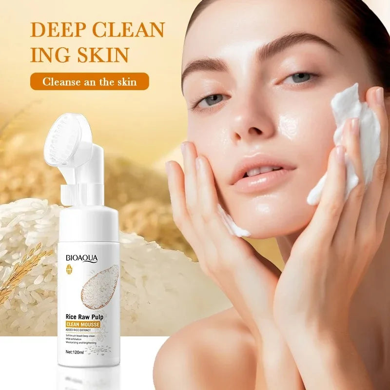 Bioaqua Rice Puree Brightening Foaming Cleanser - Deep Pore Cleansing Mousse with Built-in Brush (120ml)