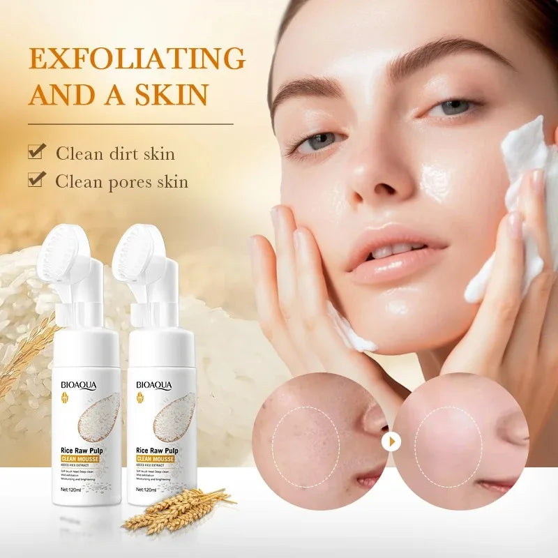 Bioaqua Rice Puree Brightening Foaming Cleanser - Deep Pore Cleansing Mousse with Built-in Brush (120ml)