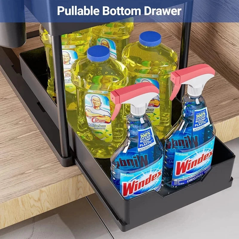 2-Tier Under Sink Organizer - Sliding Cabinet Storage Basket with Hooks