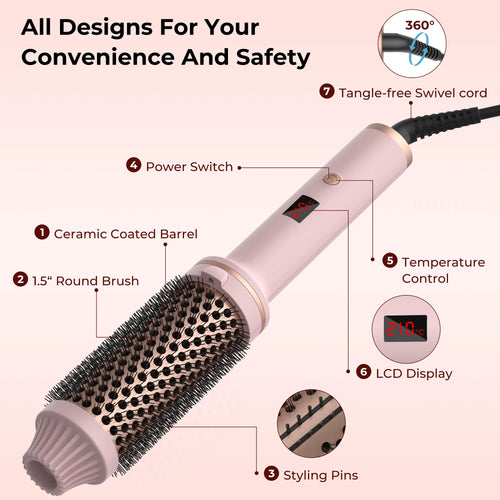 1.5 Inch Ceramic Thermal Brush - 3-in-1 Ionic Heated Round Brush for Curling & Volumizing
