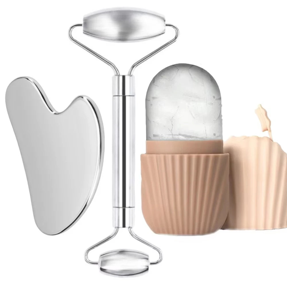 Premium Stainless Steel Facial Roller & Gua Sha Set with Ice Roller Mold