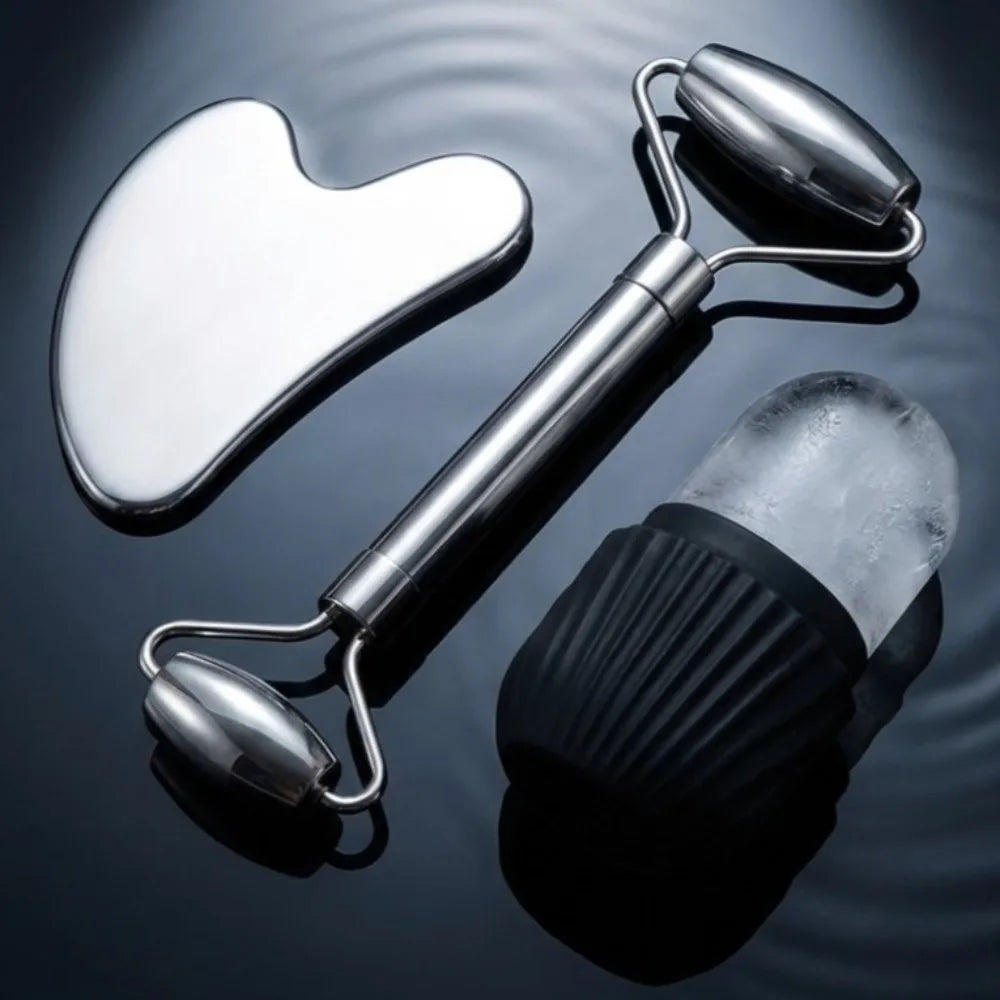 Premium Stainless Steel Facial Roller & Gua Sha Set with Ice Roller Mold