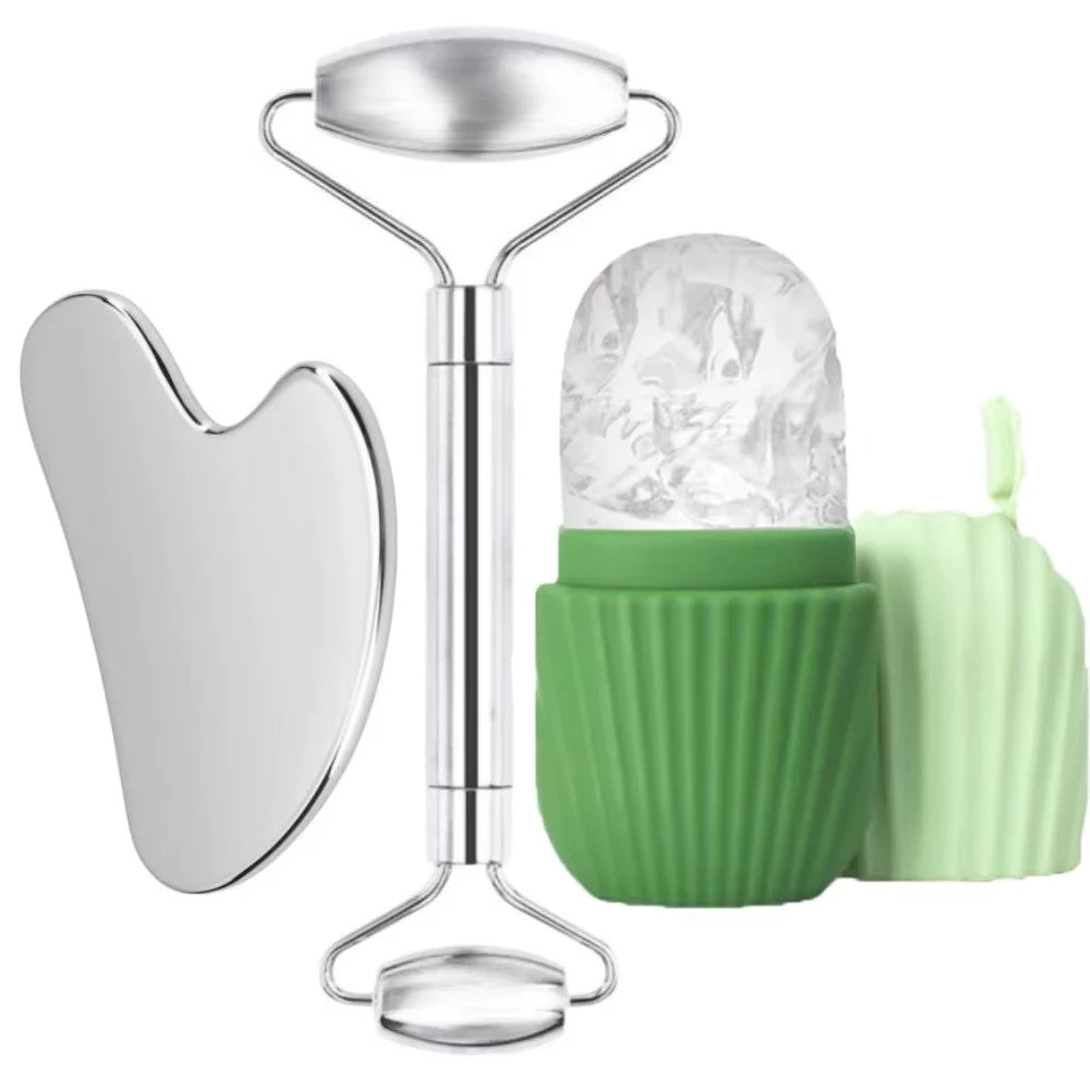Premium Stainless Steel Facial Roller & Gua Sha Set with Ice Roller Mold