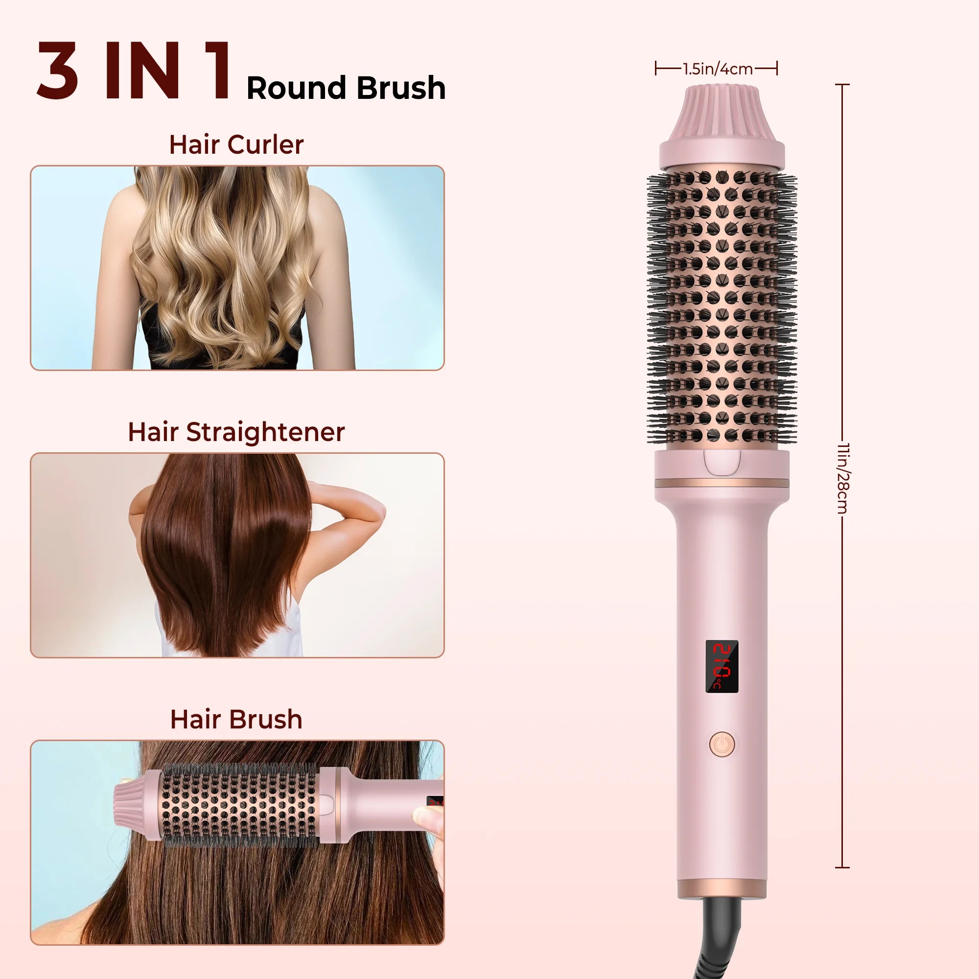 1.5 Inch Ceramic Thermal Brush - 3-in-1 Ionic Heated Round Brush for Curling & Volumizing