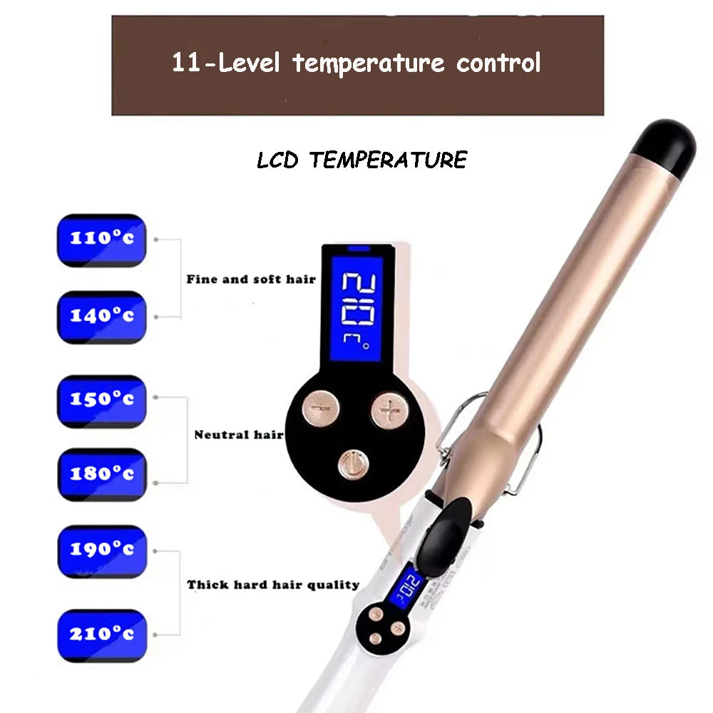 Professional Ceramic Hair Curling Iron - Multiple Sizes (9mm to 38mm) - Electric Salon Styling Wand with LCD Temperature Control