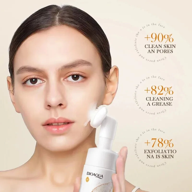 Bioaqua Rice Puree Brightening Foaming Cleanser - Deep Pore Cleansing Mousse with Built-in Brush (120ml)