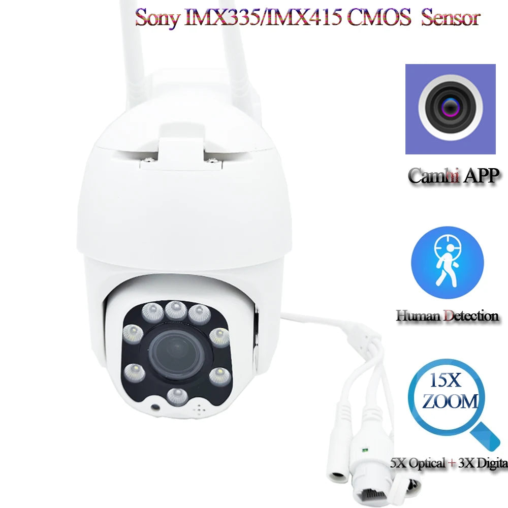 5MP Outdoor WiFi Security Camera - 5x Optical Zoom PTZ Surveillance with Auto Tracking & Night Vision