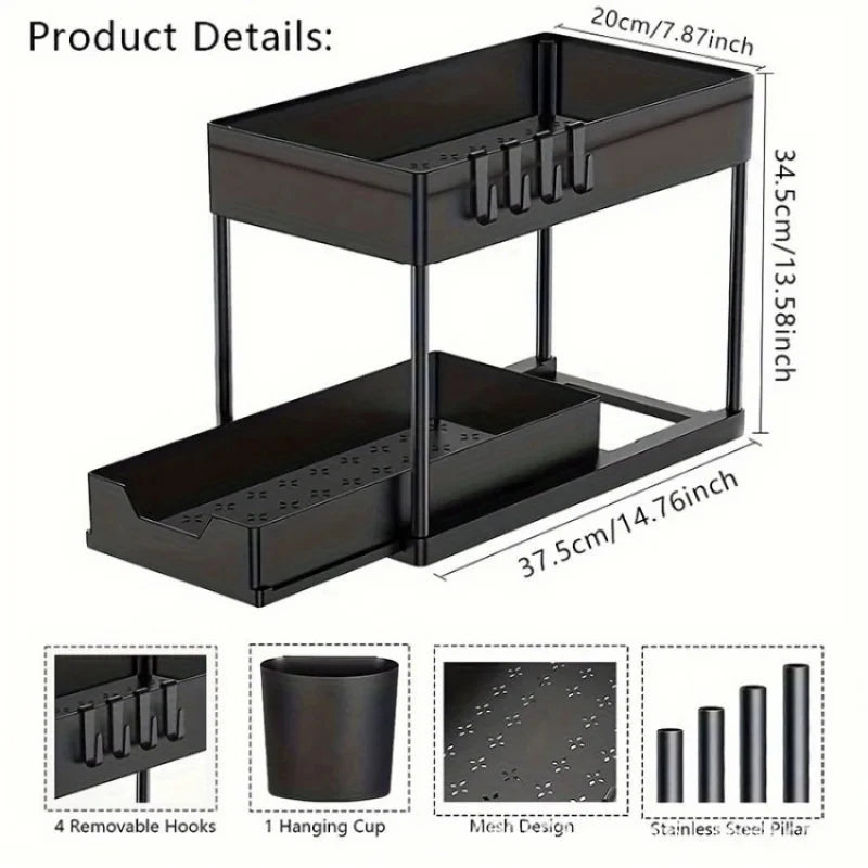 2-Tier Under Sink Organizer - Sliding Cabinet Storage Basket with Hooks