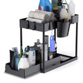 2-Tier Under Sink Organizer - Sliding Cabinet Storage Basket with Hooks