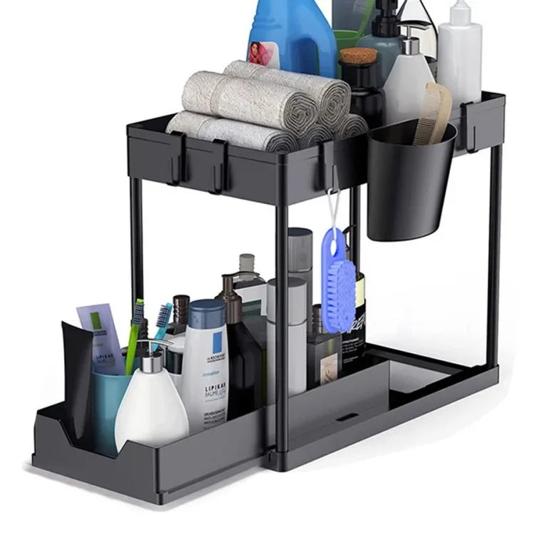 2-Tier Under Sink Organizer - Sliding Cabinet Storage Basket with Hooks