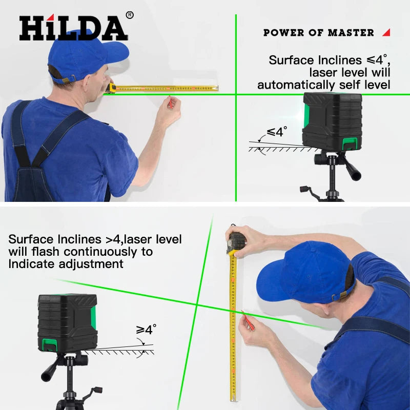 HILDA 2-Line Self-Leveling Green Laser Level - Professional Vertical & Horizontal Cross-Line Tool