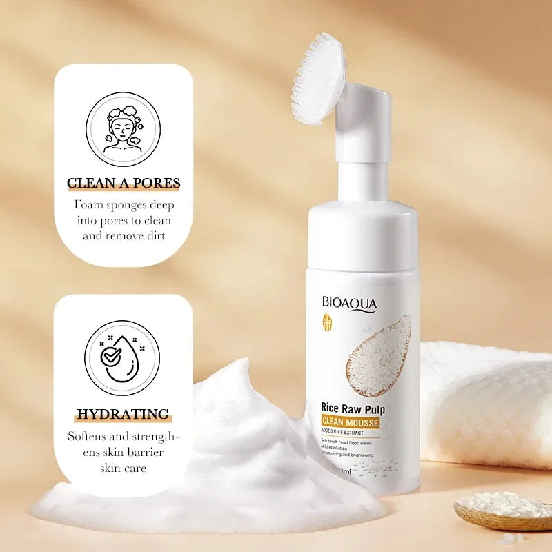 Bioaqua Rice Puree Brightening Foaming Cleanser - Deep Pore Cleansing Mousse with Built-in Brush (120ml)