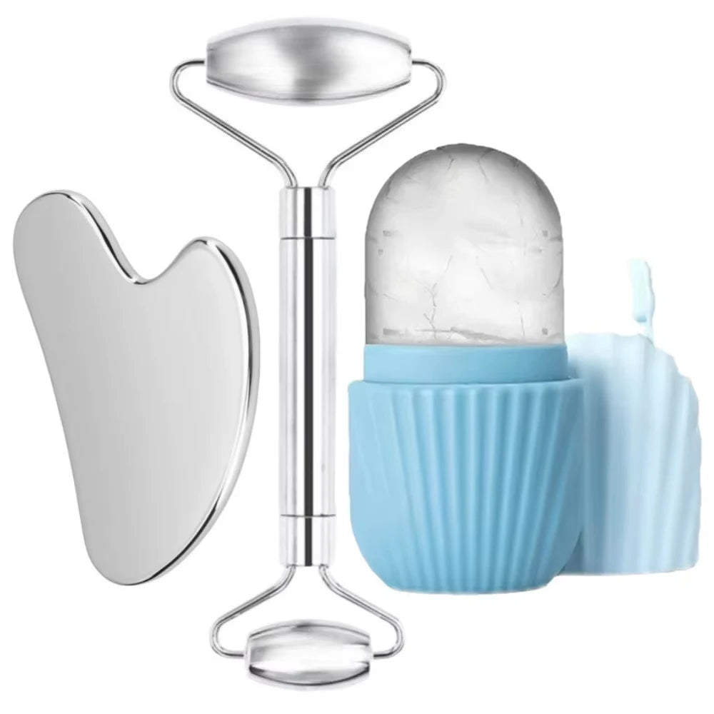 Premium Stainless Steel Facial Roller & Gua Sha Set with Ice Roller Mold