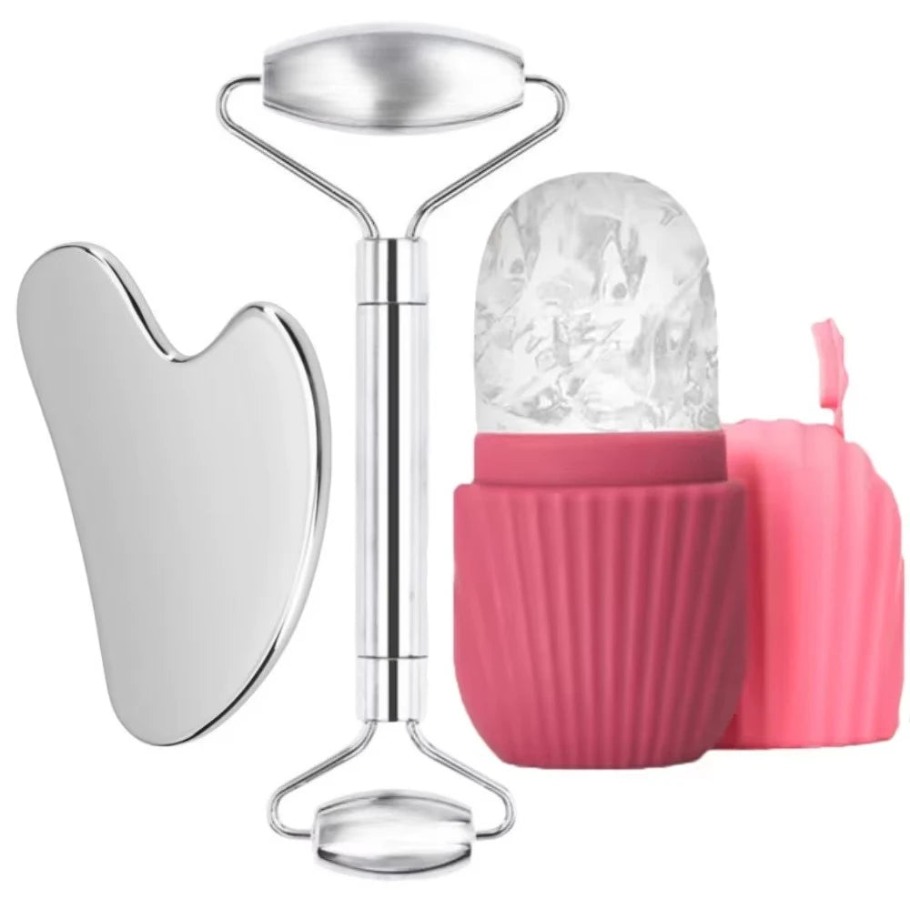 Premium Stainless Steel Facial Roller & Gua Sha Set with Ice Roller Mold