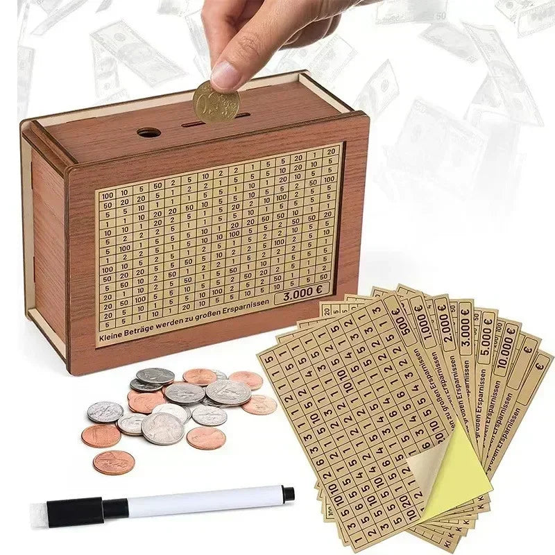 Wooden Money Box with Incremental Saving Goals