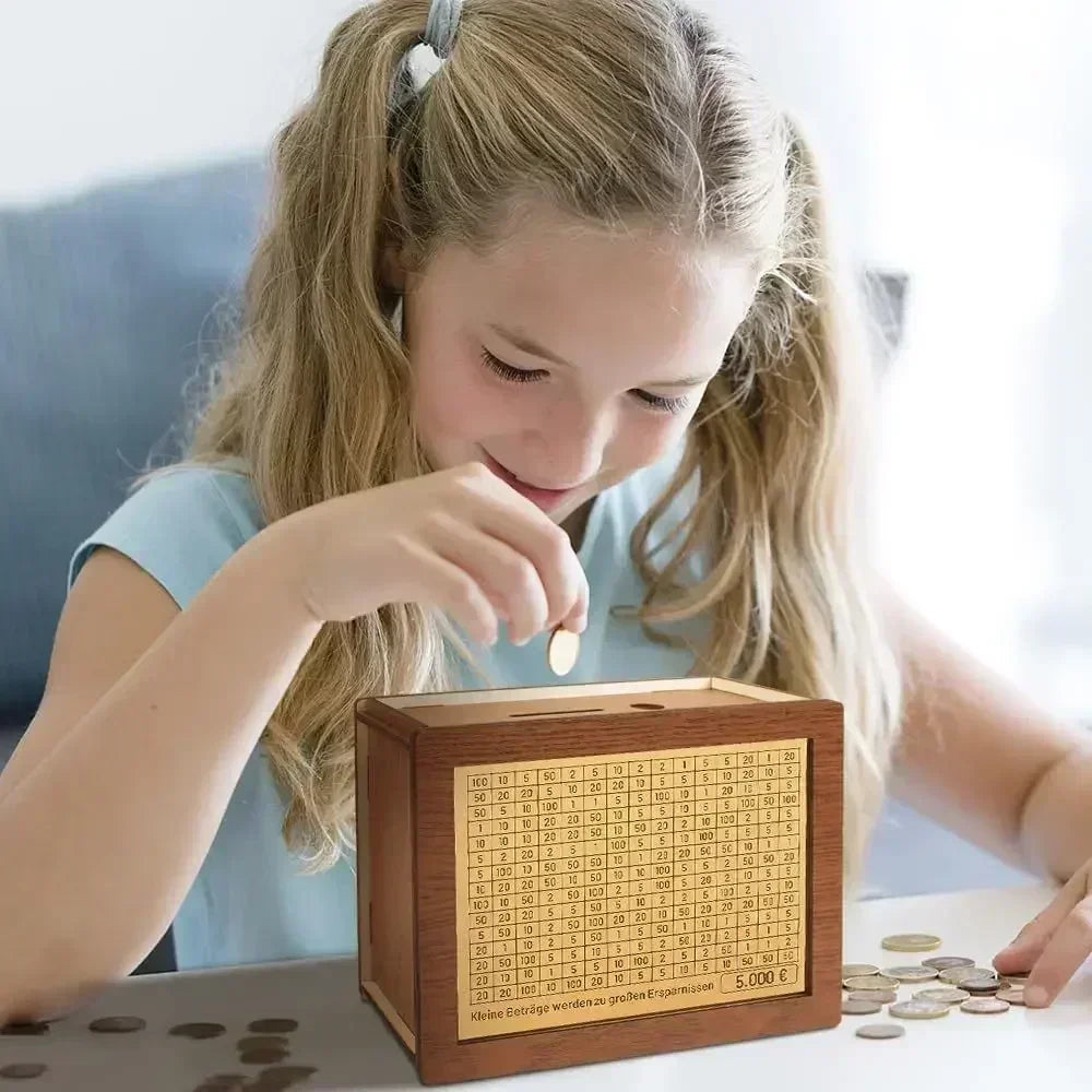 Wooden Money Box with Incremental Saving Goals