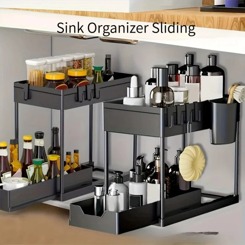2-Tier Under Sink Organizer - Sliding Cabinet Storage Basket with Hooks