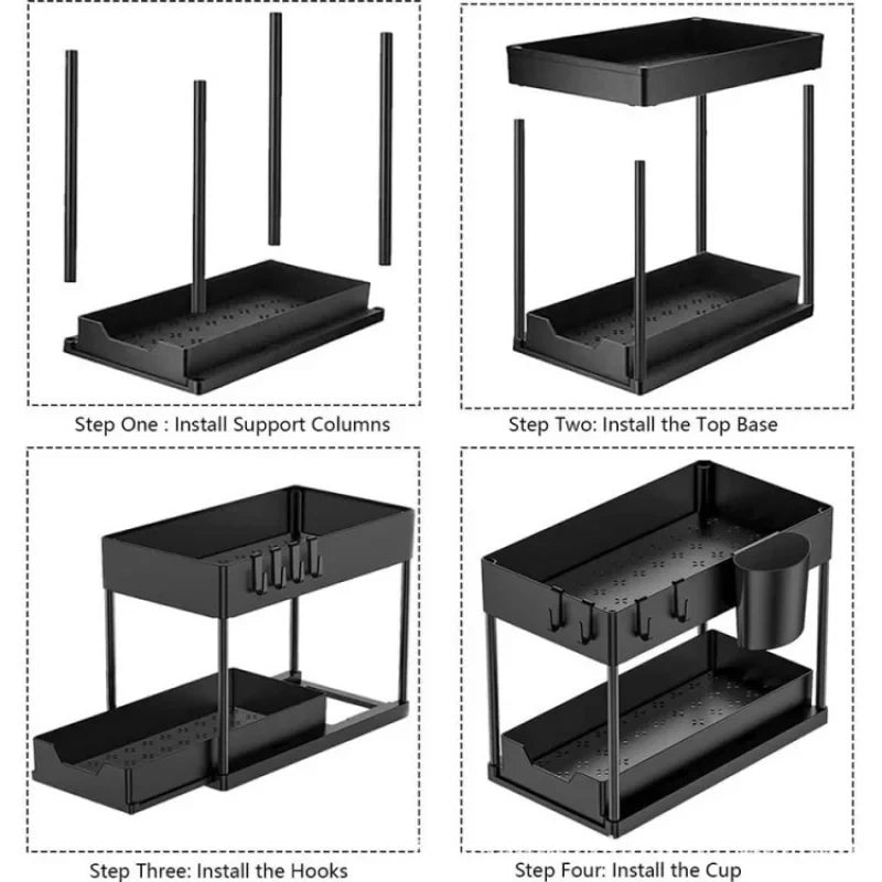 2-Tier Under Sink Organizer - Sliding Cabinet Storage Basket with Hooks