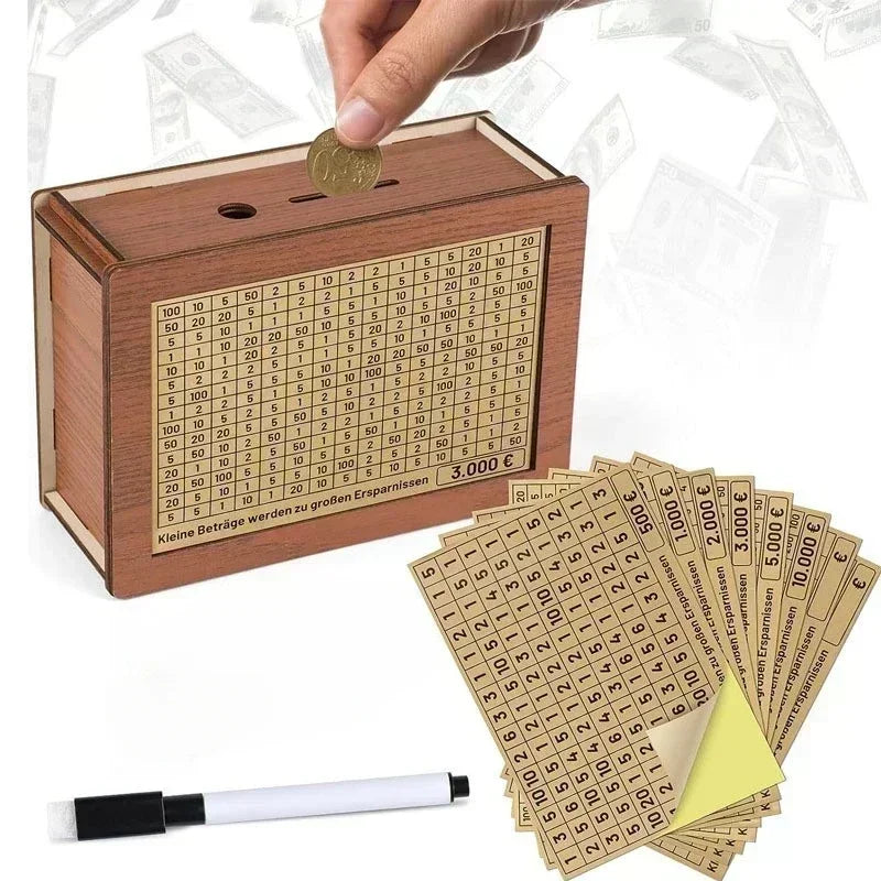 Wooden Money Box with Incremental Saving Goals