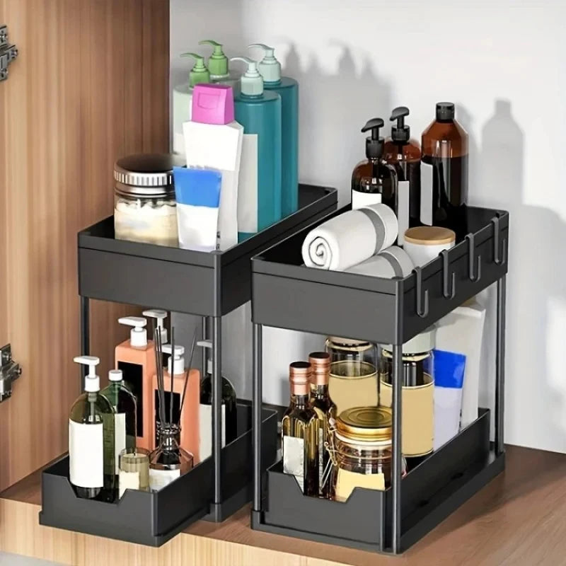 2-Tier Under Sink Organizer - Sliding Cabinet Storage Basket with Hooks